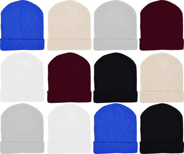 Adults Assorted Cuffed Winter Beanies (12 Pack)