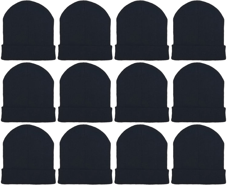 Adults Black Cuffed Winter Beanies (12 Pack)