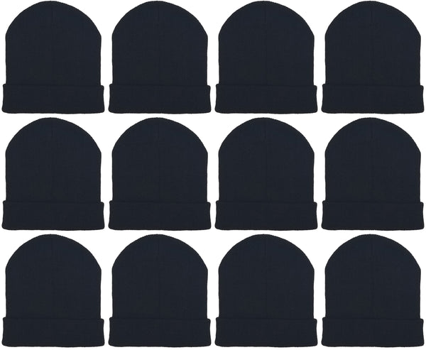 Adults Black Cuffed Winter Beanies (12 Pack)