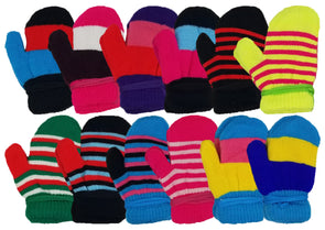 Children's Assorted Striped Mittens Gloves (12 Pairs)