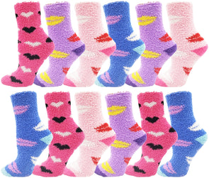 Women's Fuzzy Slipper Socks -  Hearts & Kisses (12 Pack)