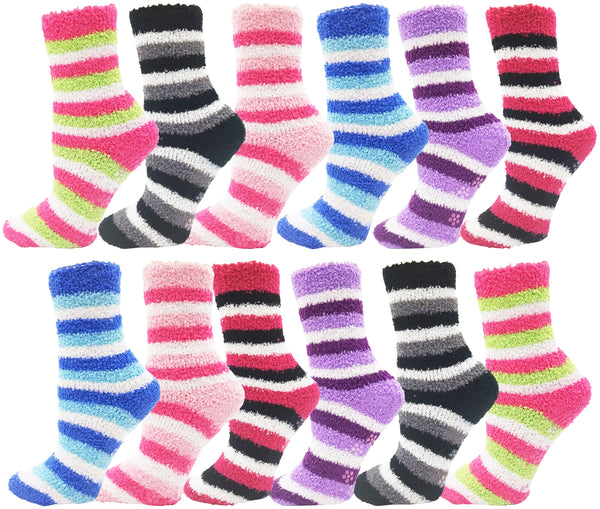 Women's Fuzzy Slipper Socks -  Striped (12 Pack)