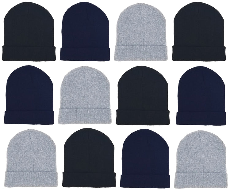 Adults Assorted Black Navy Gray Cuffed Winter Beanies (12 Pack)
