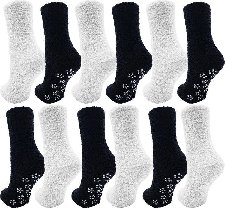 Women's Fuzzy Slipper Socks -  Black/White (12 Pack)