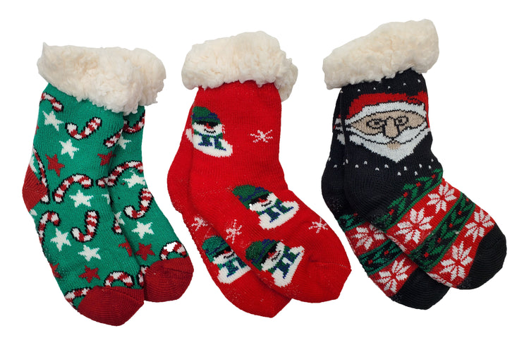 Children's Ultra Fluffy Sherpa Slipper Socks - Christmas Print (3 Pack)