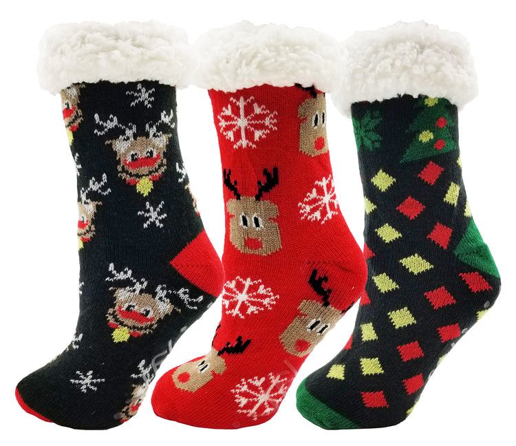 Women's Ultra Fluffy Sherpa Slipper Socks - Christmas Print (3 Pack)