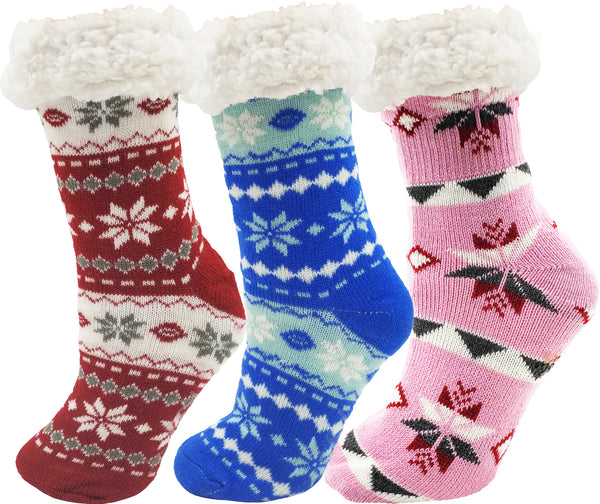 Women's Ultra Fluffy Sherpa Slipper Socks - Fair Isle Pattern (3 Pack)