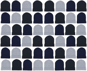 Adults Assorted Black Navy Gray Cuffed Winter Beanies (48 Bulk Pack)