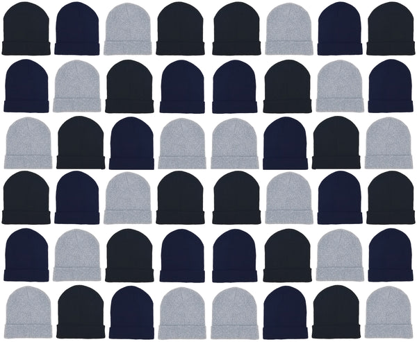 Adults Assorted Black Navy Gray Cuffed Winter Beanies (48 Bulk Pack)