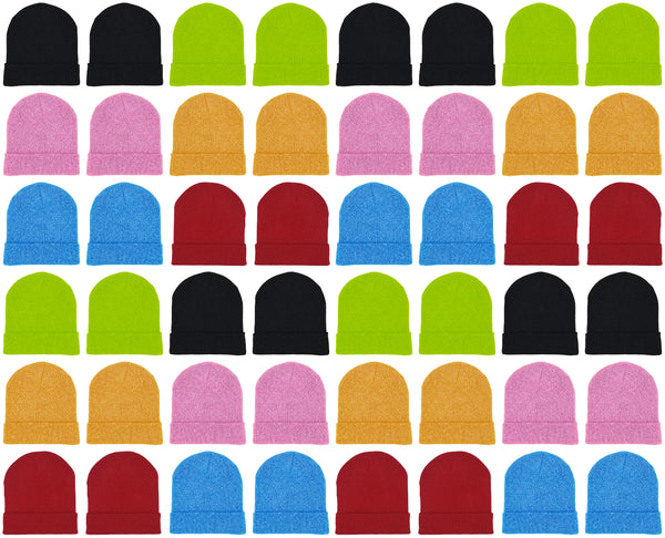 Adults Assorted Colorful Neon Cuffed Winter Beanies (48 Bulk Pack)