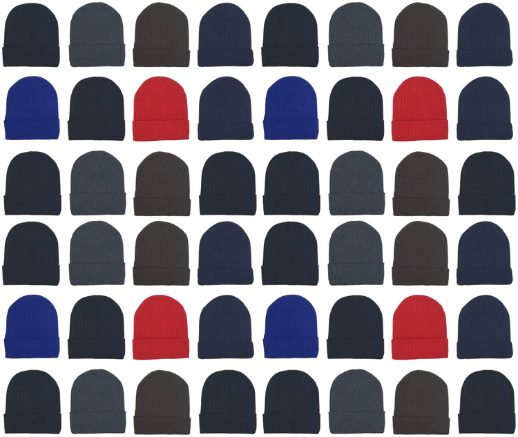 Adults Assorted Ribbed Winter Beanies (48 Bulk Pack)