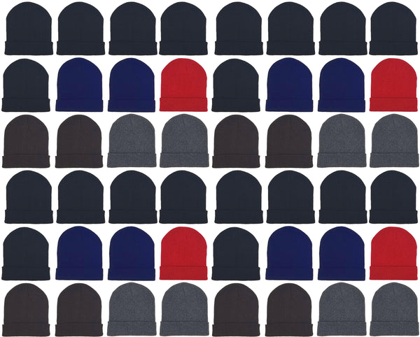 Adults Assorted Cuffed Winter Beanies (48 Bulk Pack)