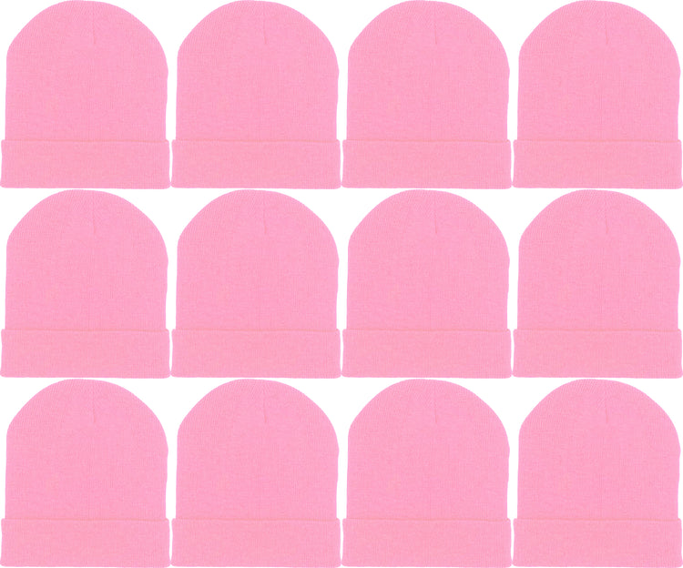 Adults Pink Cuffed Winter Beanies (12 Pack)