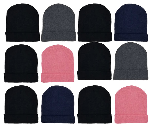 Adults Assorted Cuffed Winter Beanies (12 Pack)