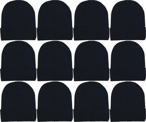 Adults Black Ribbed Winter Beanies (12 Pack)