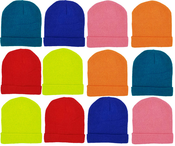 Children's Assorted Bright Colorful Cuffed Beanies (12 Pack)