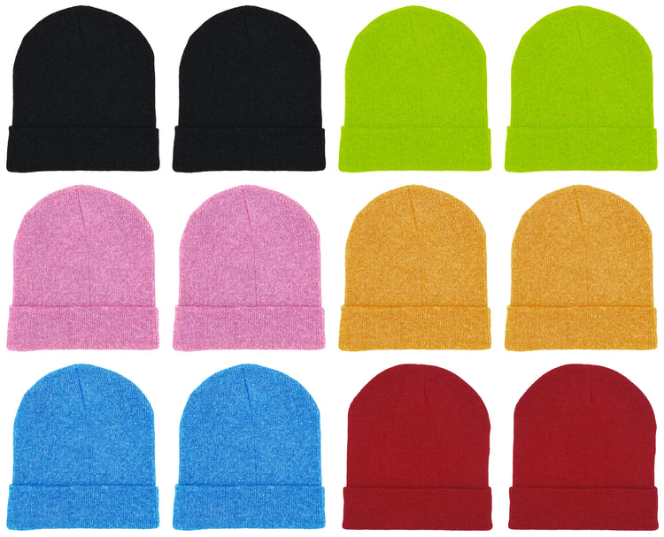 Adults Assorted Colorful Neon Cuffed Winter Beanies (12 Pack)