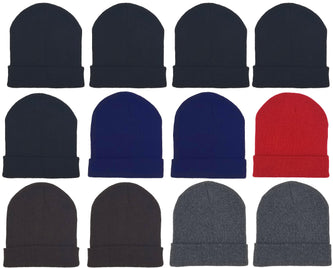 Adults Assorted Cuffed Winter Beanies (12 Pack)