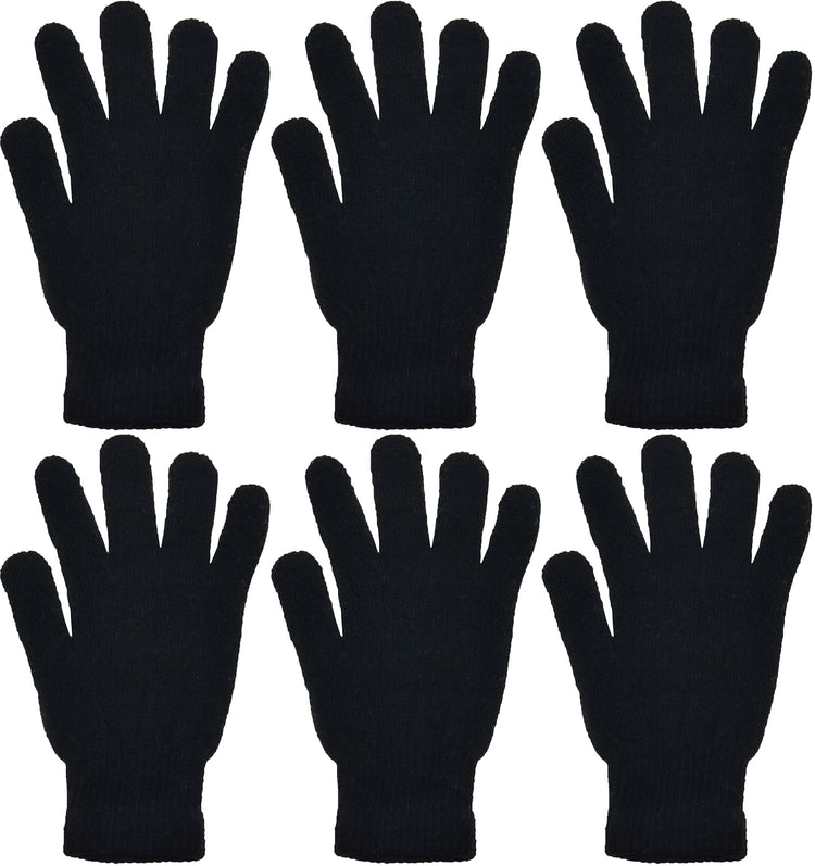 Adults Black Winter Knit Gloves (6 Pairs)