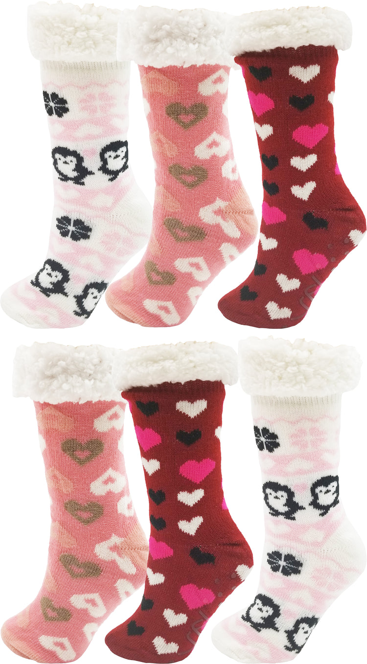 Women's Ultra Fluffy Sherpa Slipper Socks - Hearts (6 Pack)