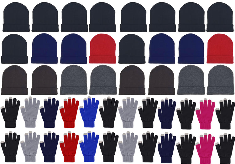 Assorted Beanies & Touch Screen Gloves - Combo Bundle (24 Beanies/24 Pairs Gloves)