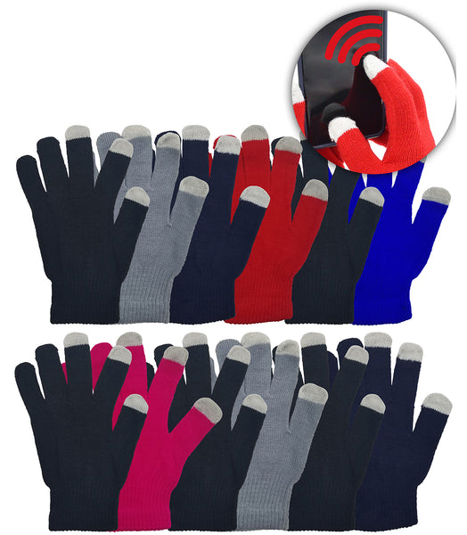 Adults Touch Screen Winter Gloves - Assorted Colors (12 Pairs)
