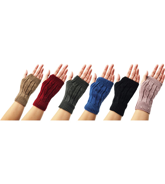 Women's Cable Knit Fingerless Gloves - Assorted (6 Pairs)