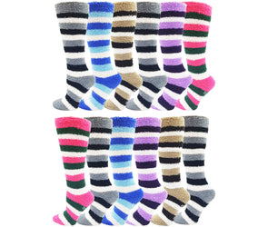 Women's Fuzzy Knee High Slipper Socks -  Striped (12 Pack)