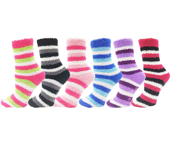 Women's Fuzzy Slipper Socks -  Striped (6 Pack)