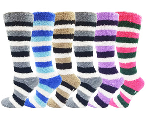 Women's Fuzzy Knee High Slipper Socks -  Striped (6 Pack)